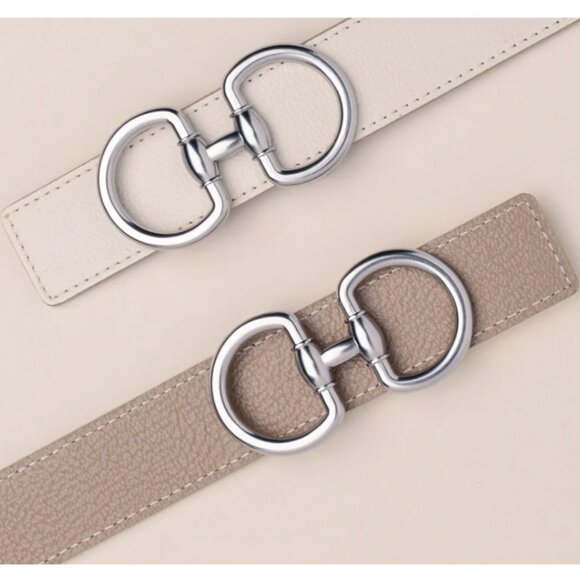 NWOT Edited Pieces Reversible HorseBit Buckle Belt 30"-35" Ecru Taupe - Picture 2 of 7